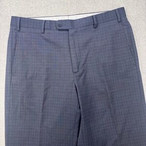 Zanella Wool Dress Pants Mens 36x32 Navy Blue Plaid Made in Italy Trousers *FLAW